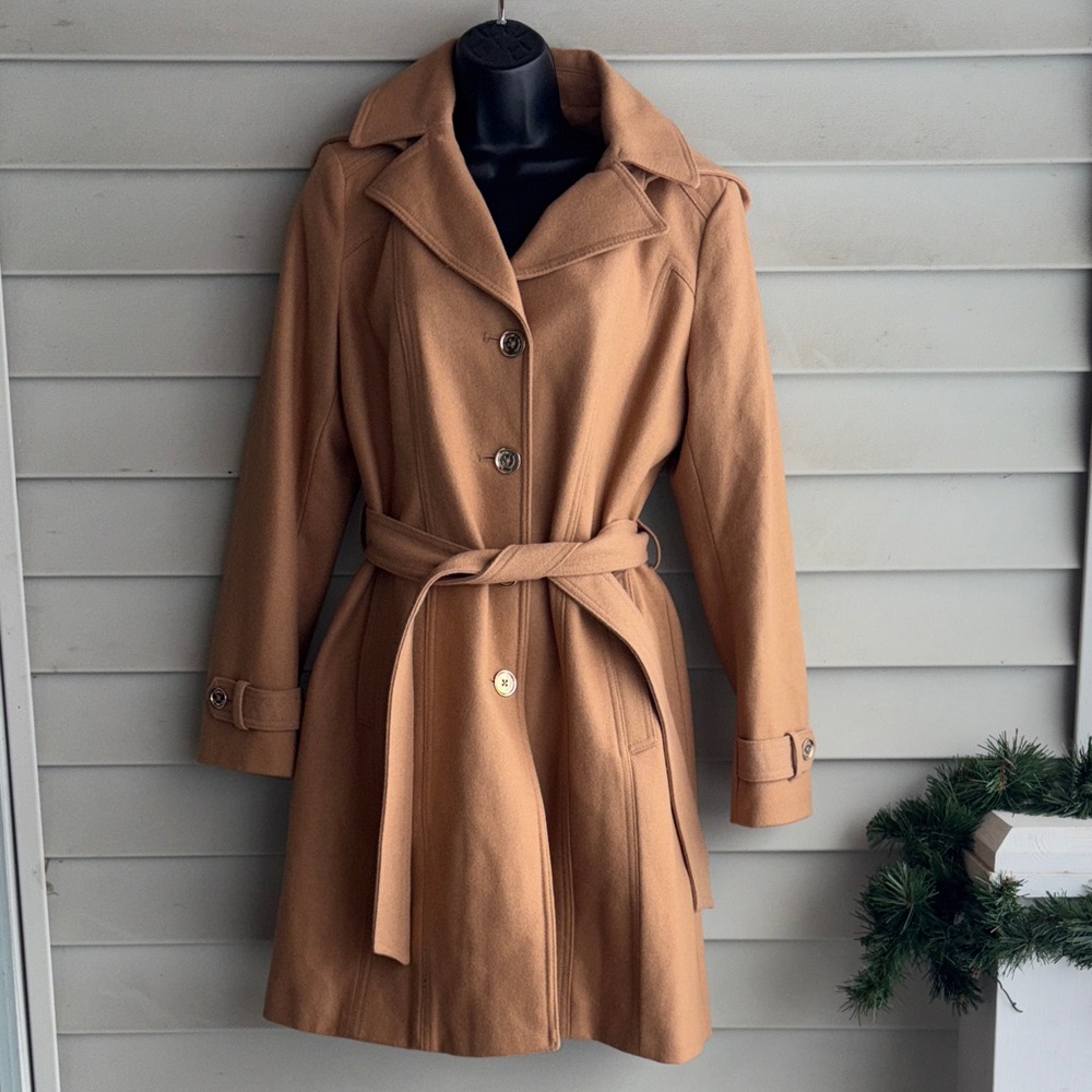 MICHAEL Michael Kors camel tie waist wool blend coat.